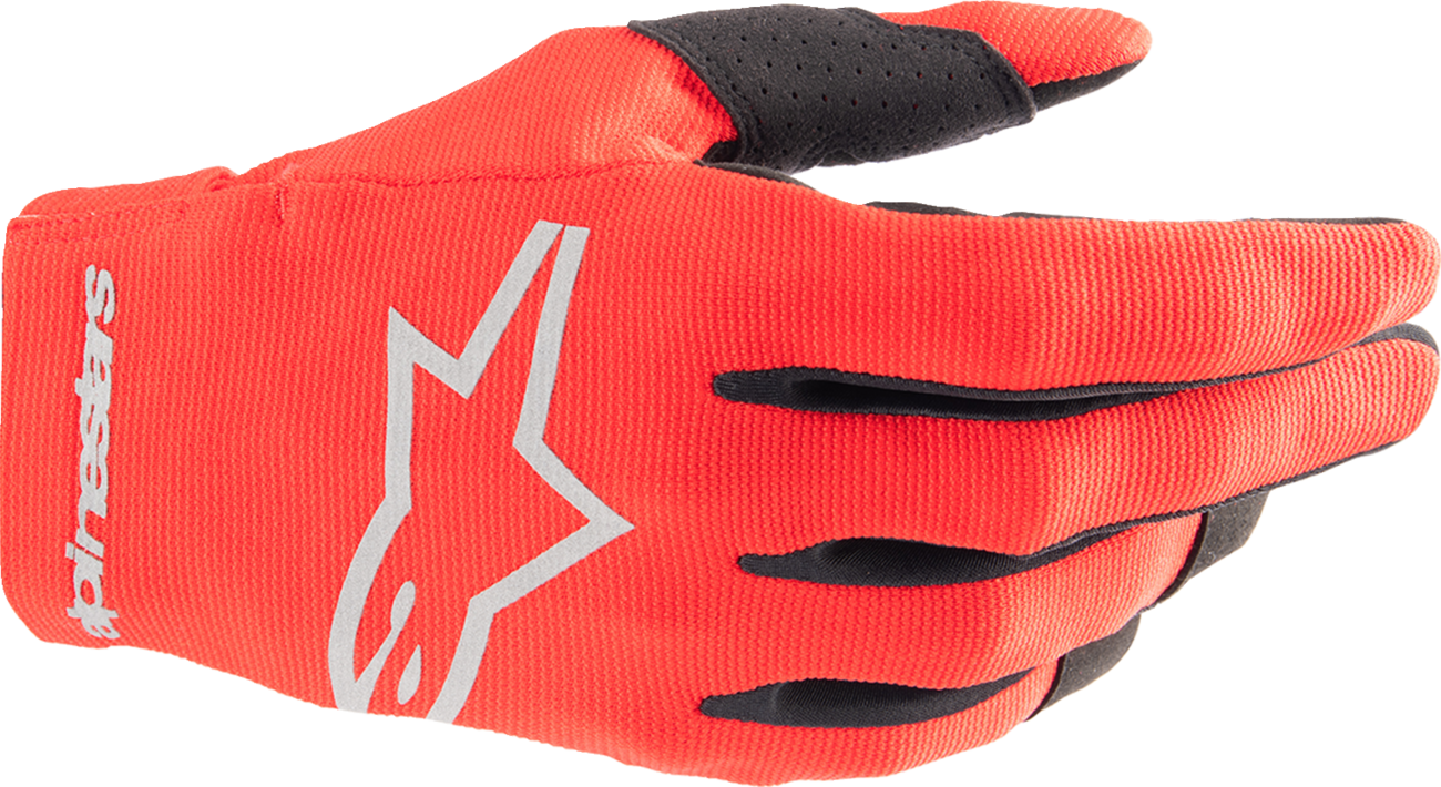Alpinestars youth Radar motorcycle gloves in Mars Red and Silver, small size, with padded knuckles and adjustable wrist closure.