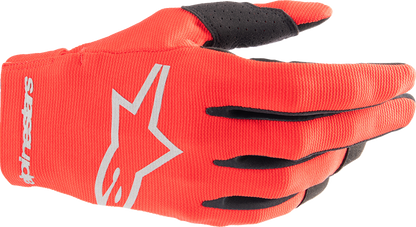 Alpinestars youth Radar motorcycle gloves in Mars Red and Silver, small size, with padded knuckles and adjustable wrist closure.