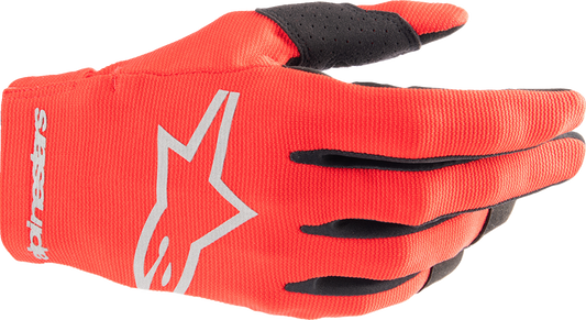 Alpinestars youth Radar motorcycle gloves in Mars Red and Silver, small size, with padded knuckles and adjustable wrist closure.