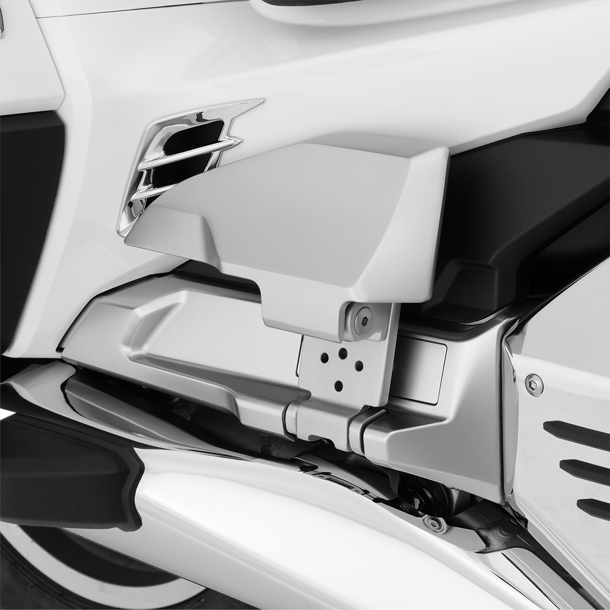 Bill's Exhausts Show Chrome passenger floorboard risers for Honda GL1800 motorcycle engine upgrade, showing chrome finish and mounting hardware