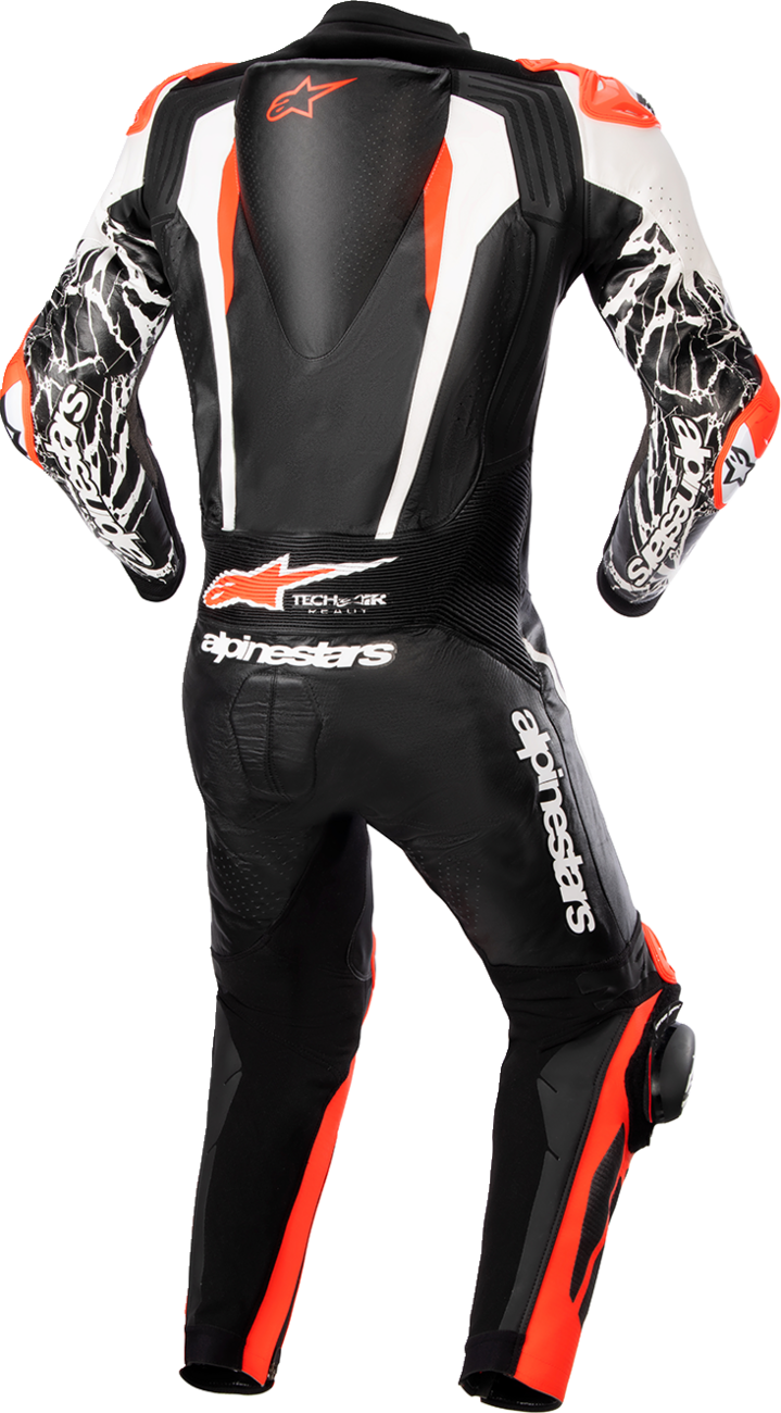 Alpinestars Racing Absolute v2 leather suit in black, white, and red with US size 44, displayed on a mannequin.