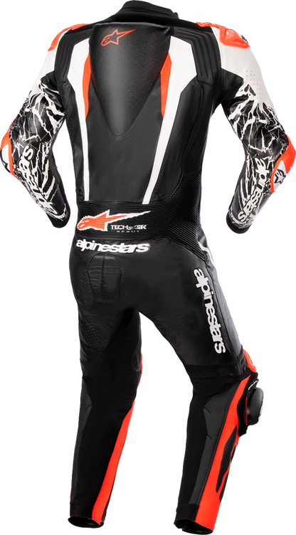 Alpinestars Racing Absolute v2 leather suit in black, white, and red with US size 44, displayed on a mannequin.