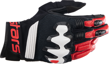Alpinestars Halo Gloves in black, white, and bright red, XL size, featuring protective knuckles and adjustable wrist straps.