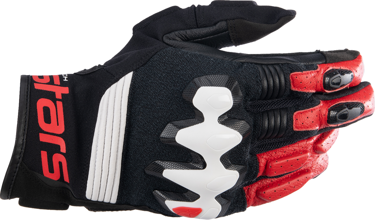 Alpinestars Halo gloves in black, white, and bright red, large size, featuring protective knuckles and textured palm for riding comfort.