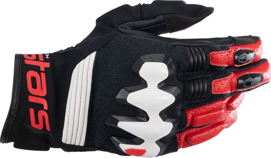 Alpinestars Halo motorcycle gloves in black, white, and bright red with protective knuckles and adjustable wrist strap.