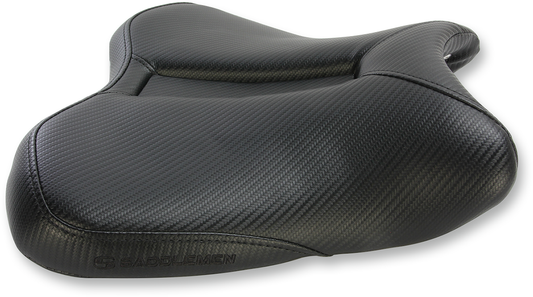Black SADDLEMEN Gel Channel Track Carbon Fiber Sport Seat for motorcycles, designed for comfort and performance.