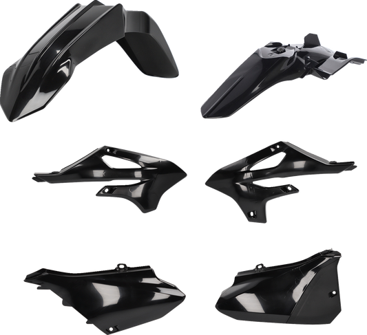 Acerbis black replacement body kit for YZ85 motocross bike, showcasing sleek black plastic panels and components.