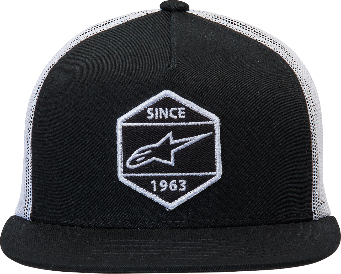 Alpinestars Bolt Trucker Hat in black and white with logo patch, featuring mesh back and adjustable snap closure.