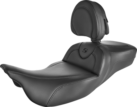 Bill's Exhausts SADDLEMEN Roadsofa extended reach motorcycle seat with backrest, black with black stitching, for comfortable riding.