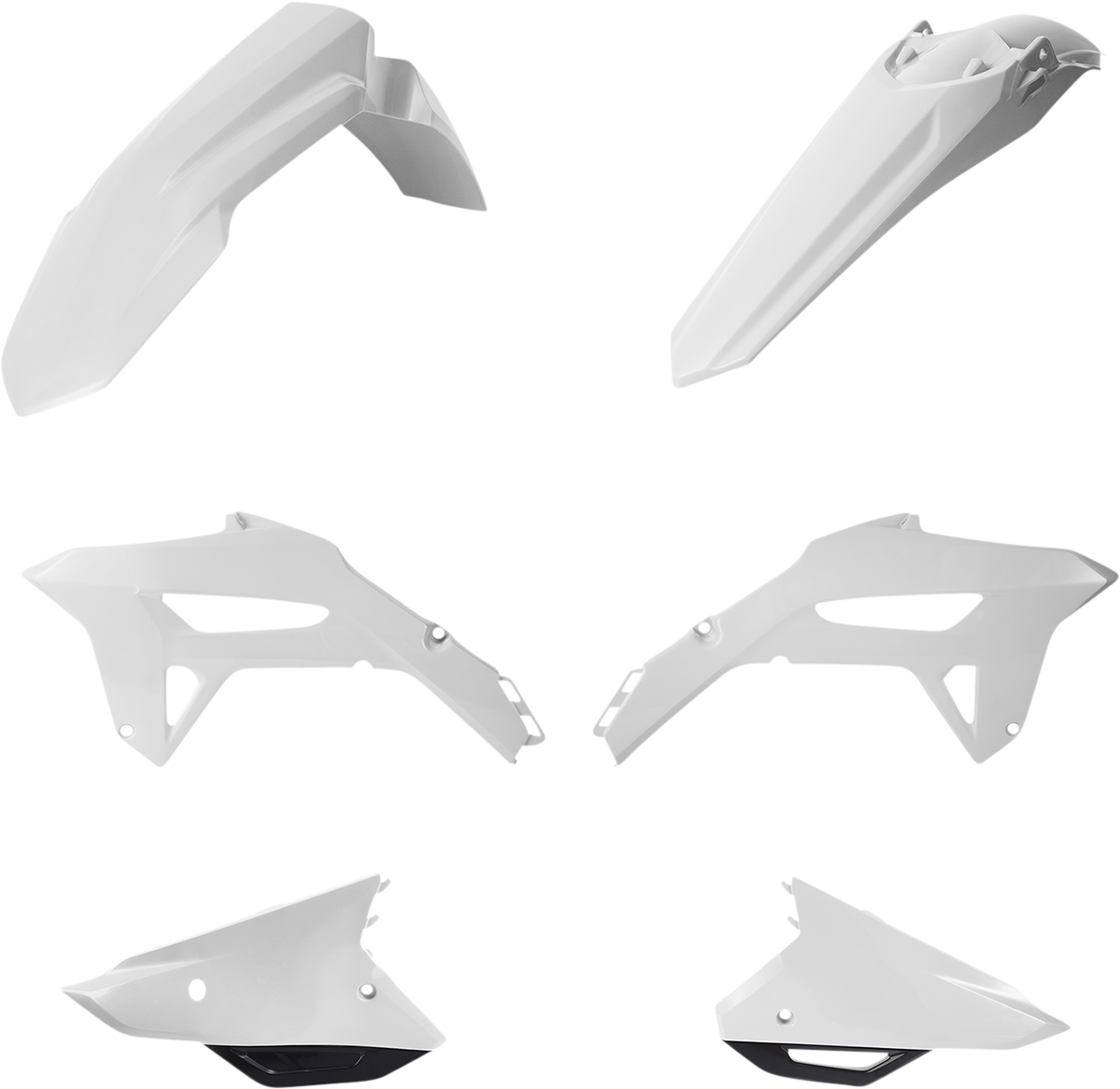 A white and black Acerbis standard replacement body kit for motorcycles, showcasing the sleek design and fitment details.