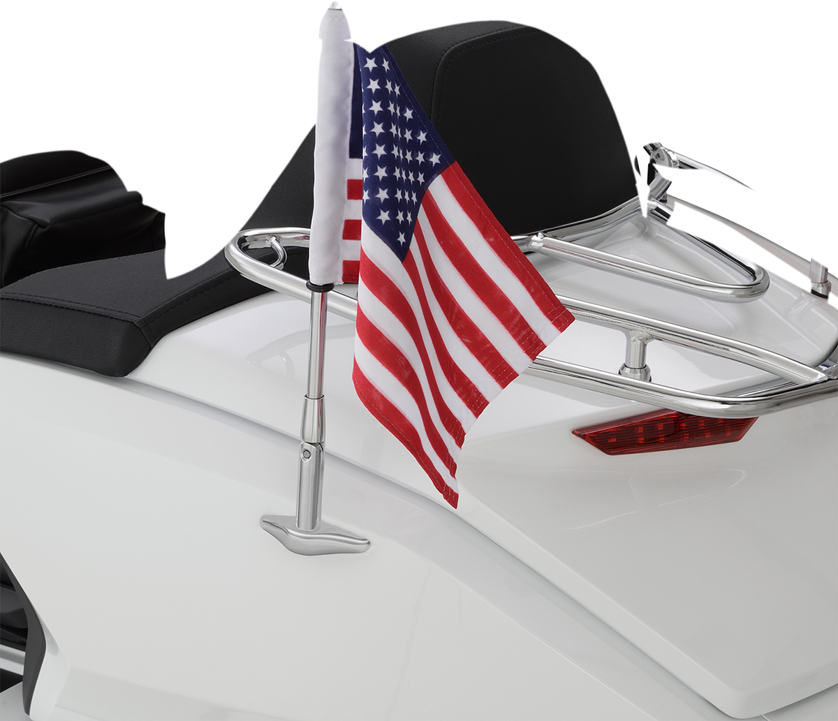 Chrome SHOW CHROME Folding Flag Pole for GL 1800 engine by Bill's Exhausts, shown mounted on a motorcycle engine.