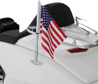 Chrome SHOW CHROME Folding Flag Pole for GL 1800 engine by Bill's Exhausts, shown mounted on a motorcycle engine.