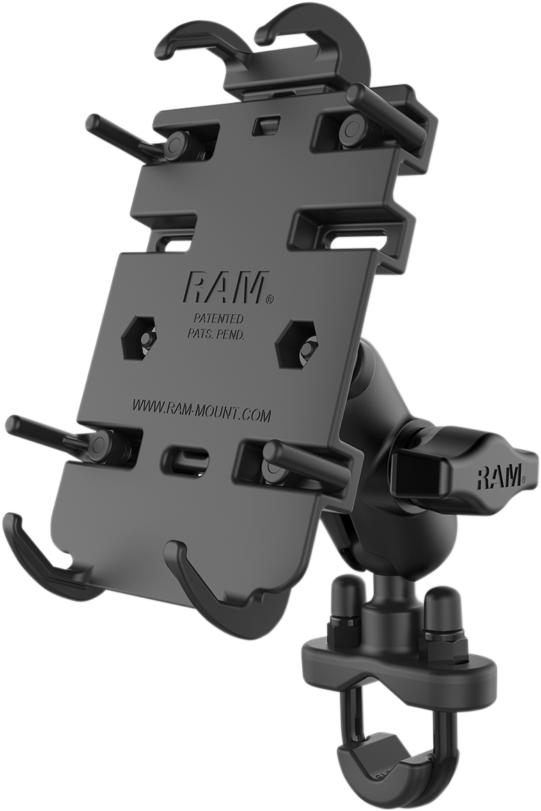 Bill's Exhausts RAM MOUNTS Phone Mount with quick grip U-bolt base, designed for engine installation, shown in the image.