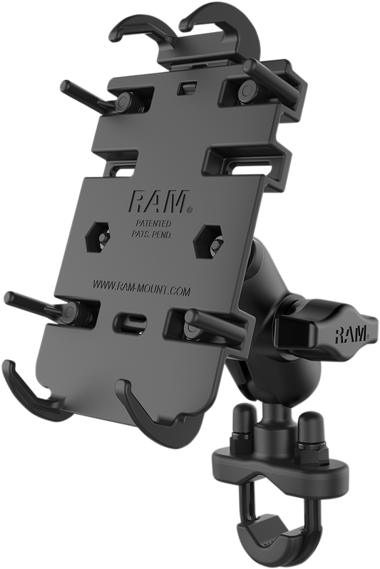 Bill's Exhausts RAM MOUNTS Phone Mount with quick grip U-bolt base, designed for engine installation, shown in the image.