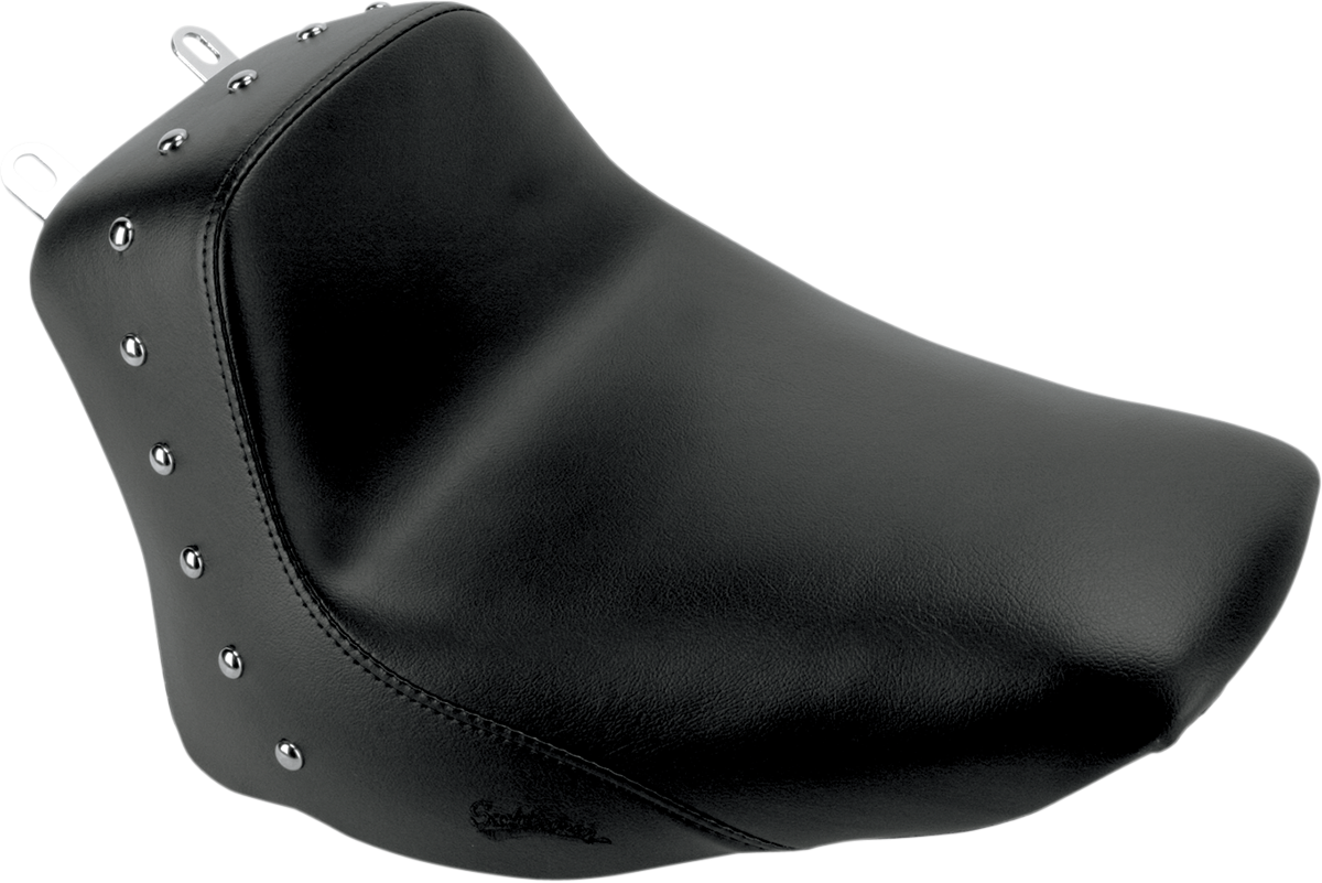 Black SADDLEMEN Heels Down Solo Seat for FLSTC, studded design, without backrest, by Bill's Exhausts, shown from side angle.