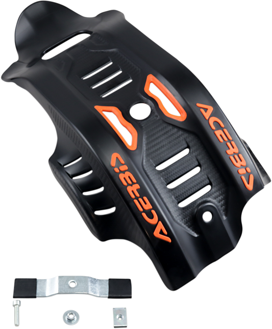 Acerbis black and orange skid plate for Husqvarna and KTM motorcycles, designed to protect the bike’s body and engine.