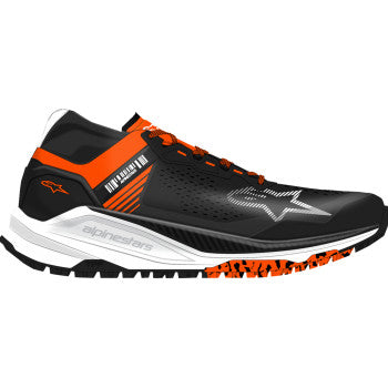 Alpinestars Meta XR v2 motorcycle shoes in black, orange, and white with US size 13.5, featuring protective design and sporty style.
