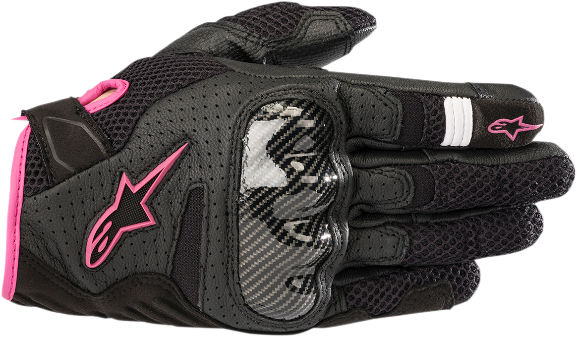 Black and fuchsia Alpinestars Stella SMX-1 Air V2 women's motorcycle gloves, small size, with protective padding and breathable design.