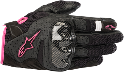 Black and fuchsia Alpinestars Stella SMX-1 Air V2 women's motorcycle gloves, small size, with protective padding and breathable design.