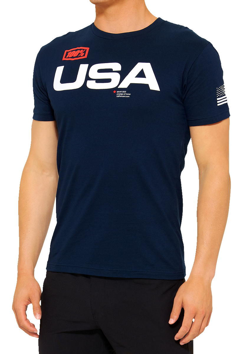 Bill's Exhausts 100% MX of Nations navy T-shirt, small size, featuring race-inspired design with logo on front.