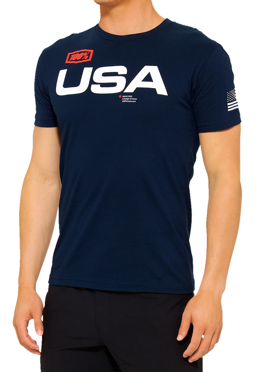 Bill's Exhausts 100% MX of Nations navy T-shirt, small size, featuring race-inspired design with logo on front.