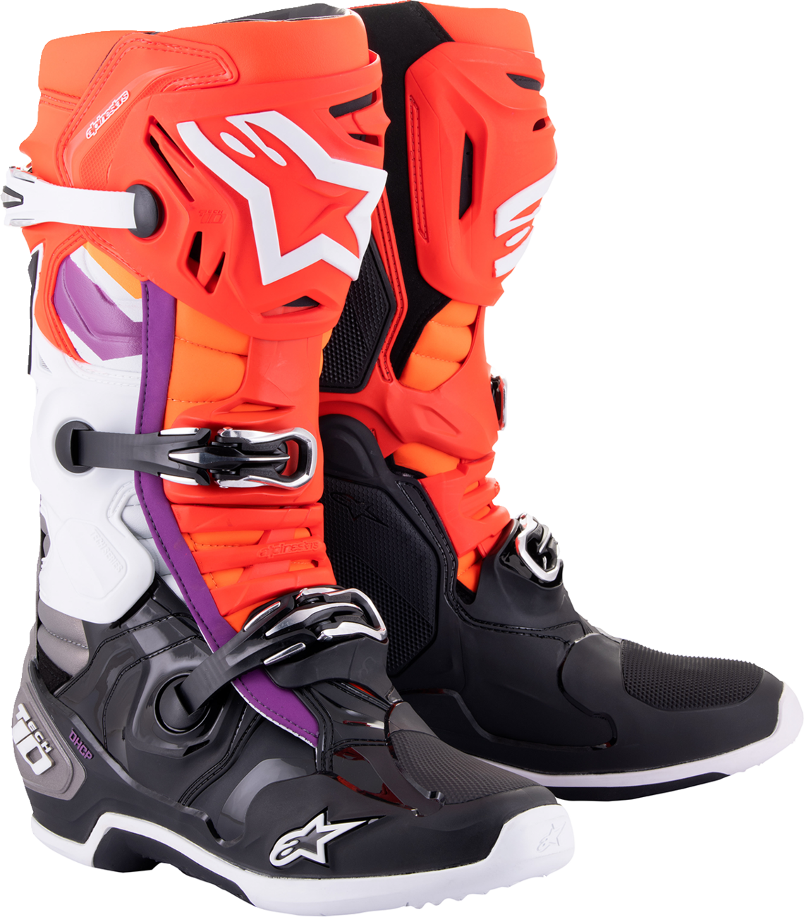 Alpinestars Tech 10 motocross boots in black, red, orange, and white with protective features, US size 13, by Bill's Exhausts