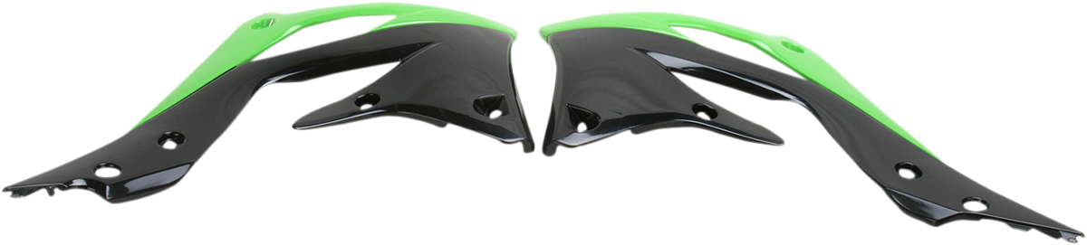 A set of ACERBIS radiator shrouds in green and black for motorcycle body protection, featuring aerodynamic design and branding.