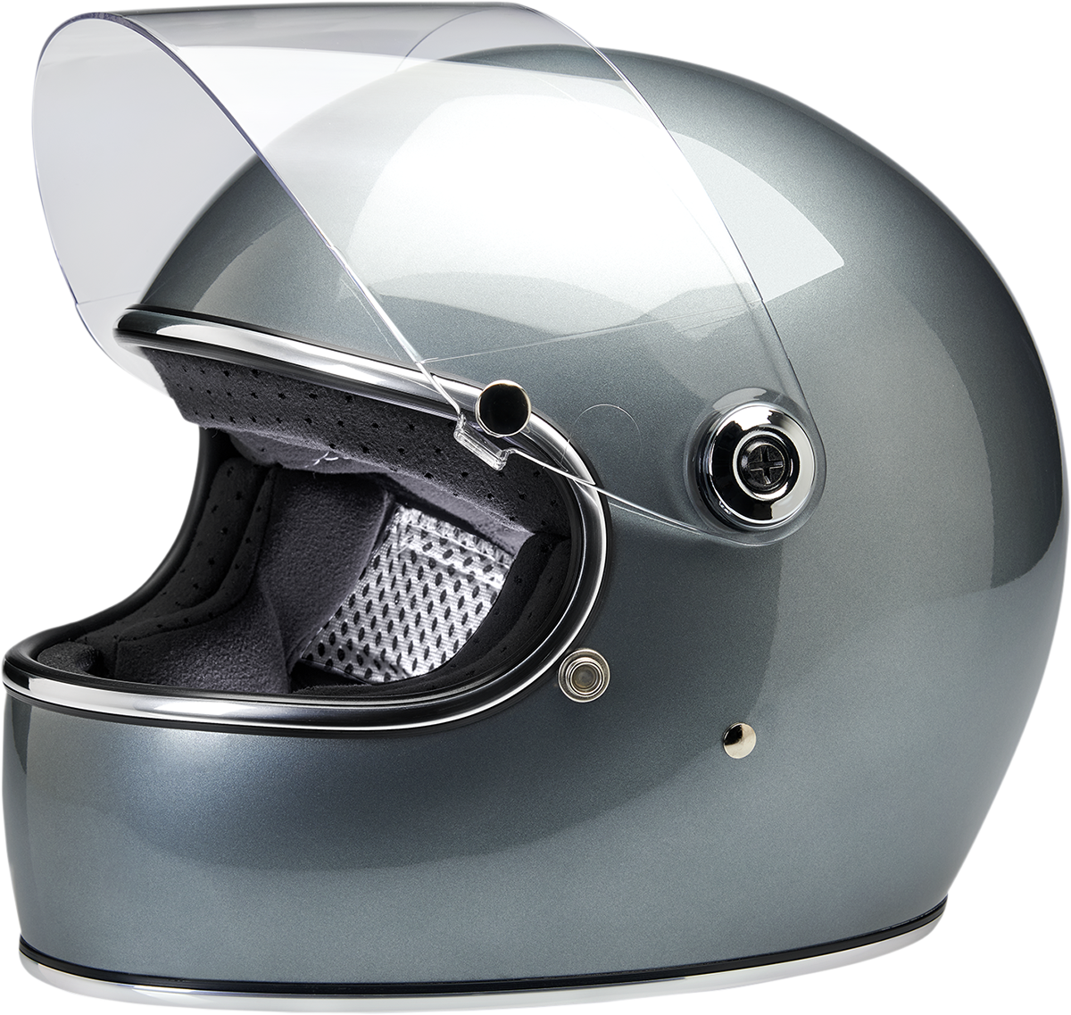 BILTWELL Gringo S helmet in metallic sterling finish, XS size, featuring a sleek motorcycle helmet design.