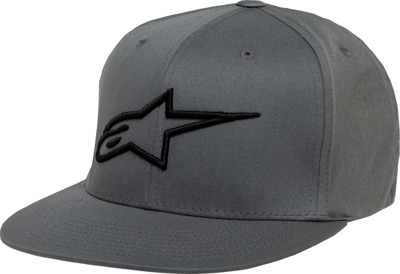 Alpinestars Ageless Flat Bill Hat in charcoal and black, small/medium, featuring a curved brim and adjustable strap, stylish headwear.