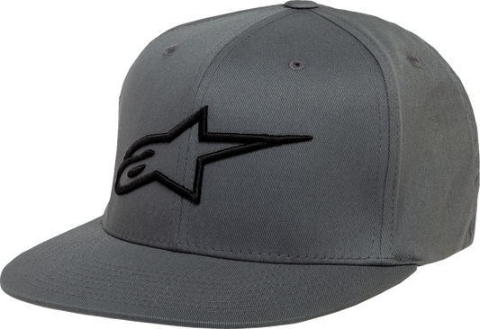 Alpinestars Ageless flat bill hat in charcoal and black, large/XL size, featuring a structured brim and logo embroidery.
