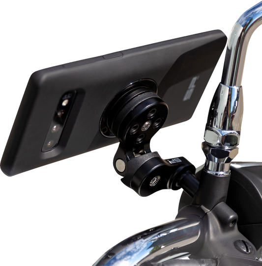Bill's Exhausts SP CONNECT Pro Clutch phone mount in black attached to a vehicle handlebar, designed for secure smartphone attachment.