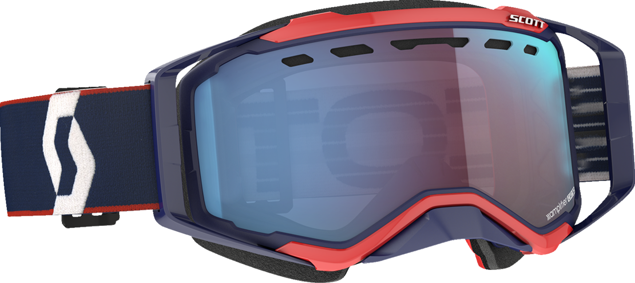 Scott Prospect Snow Goggles in blue and red with enhancer blue chrome lens, designed for winter sports and snowboarding.