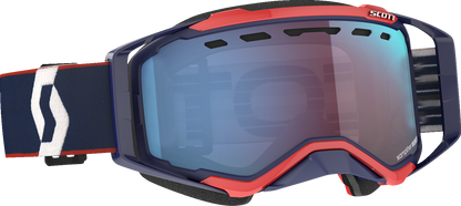 Scott Prospect Snow Goggles in blue and red with enhancer blue chrome lens, designed for winter sports and snowboarding.