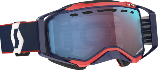 Scott Prospect Snow Goggles in blue and red with enhancer blue chrome lens, designed for winter sports and snowboarding.