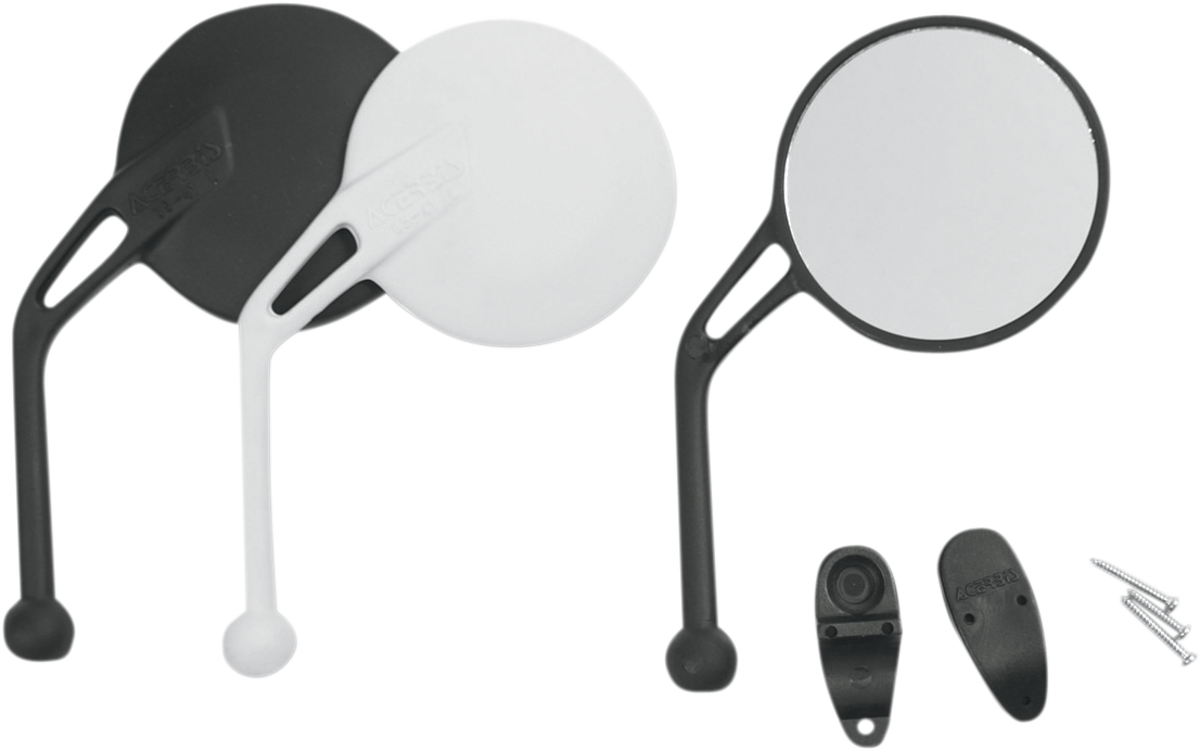 Acerbis black left rear view mirror for motorcycle, shown from the side with mounting hardware visible.