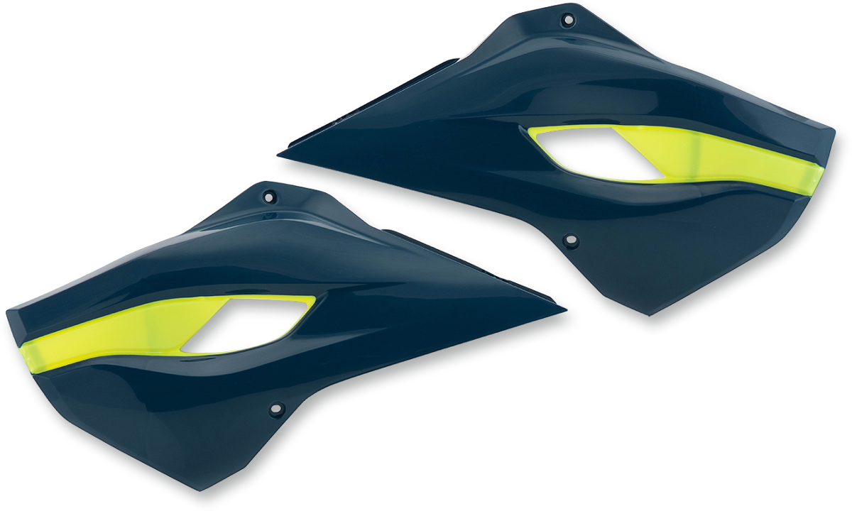 ACERBIS radiator shrouds in dark blue and yellow, designed for motorcycle body protection and style.