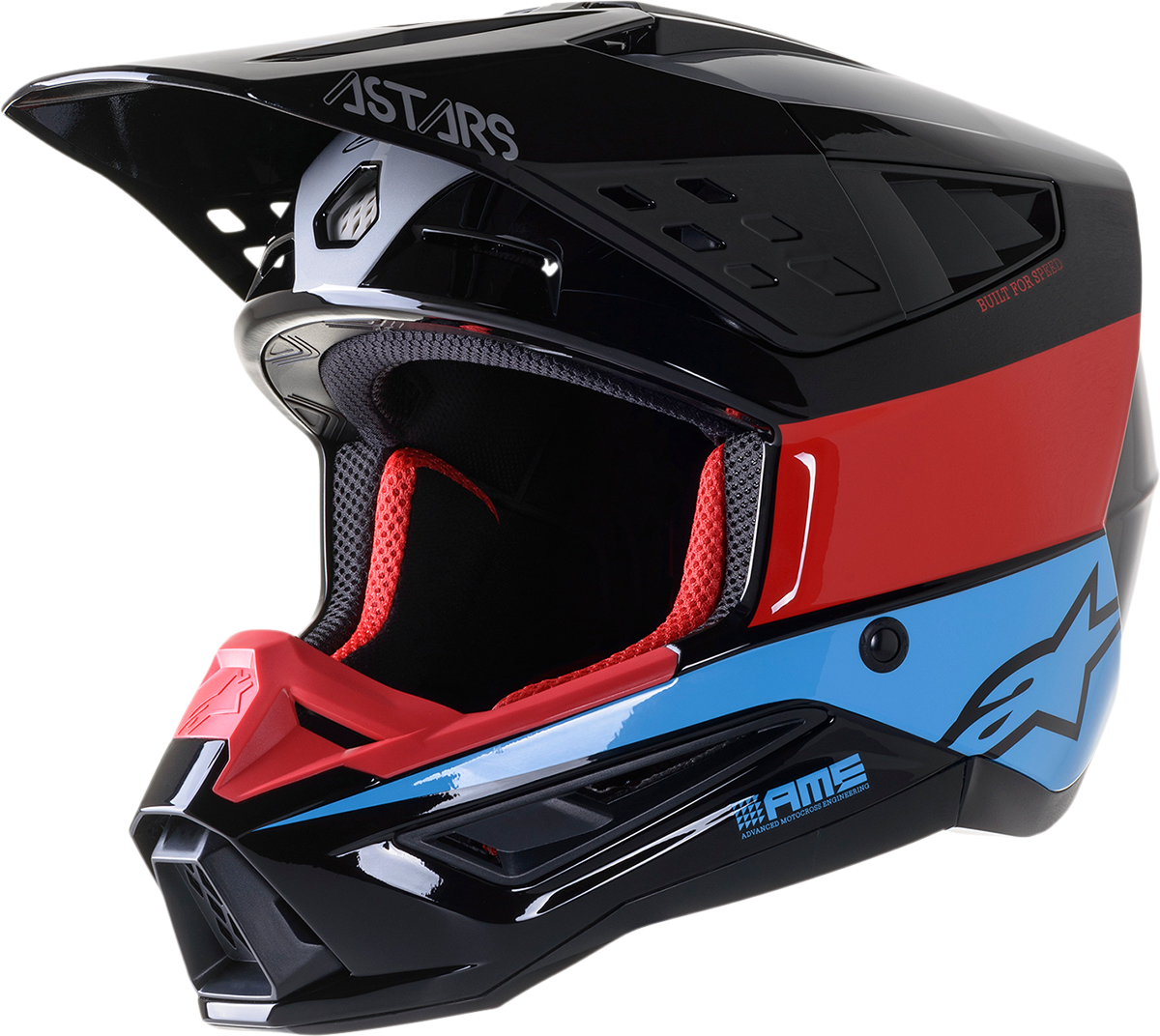 Alpinestars SM5 motorcycle helmet in black, red, and cyan with matte finish, medium size, featuring aerodynamic design and ventilation.