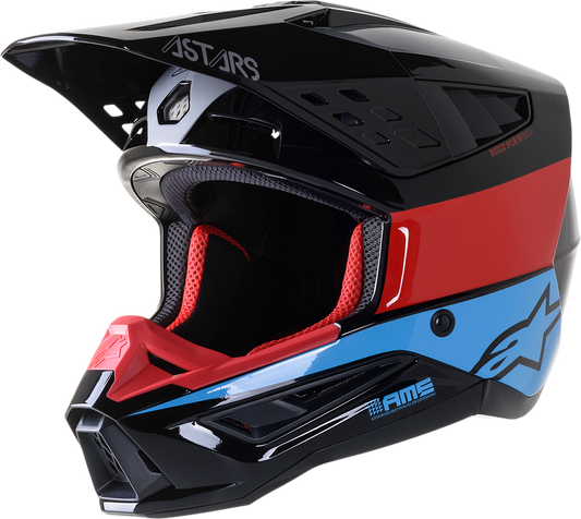 Alpinestars SM5 motorcycle helmet in black, red, and cyan with matte finish, medium size, featuring aerodynamic design and ventilation.