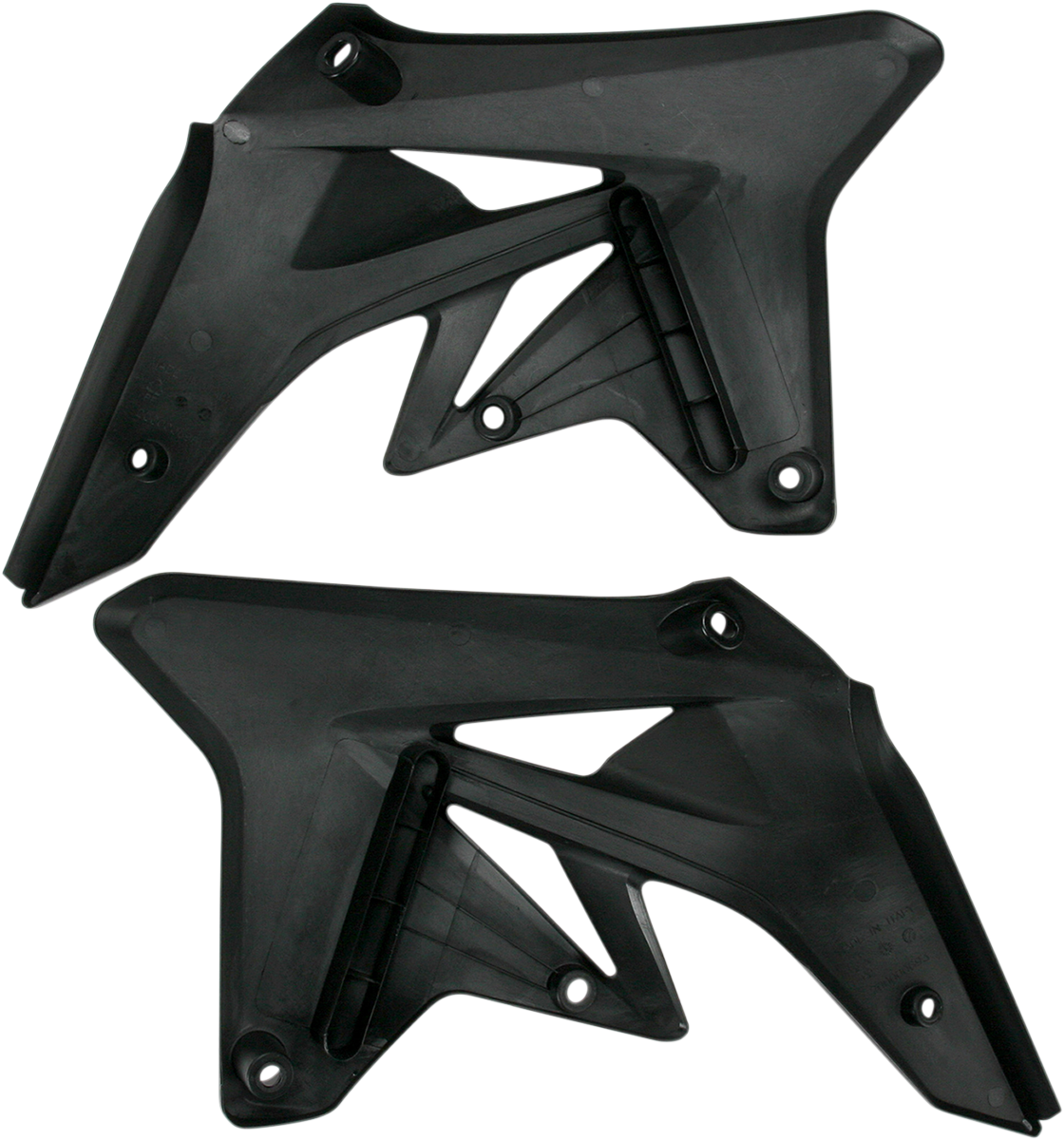 Black Acerbis radiator shrouds for motorcycle body, designed by Bill's Exhausts, shown in a sleek, matte finish.
