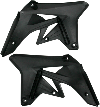 Black Acerbis radiator shrouds for motorcycle body, designed by Bill's Exhausts, shown in a sleek, matte finish.
