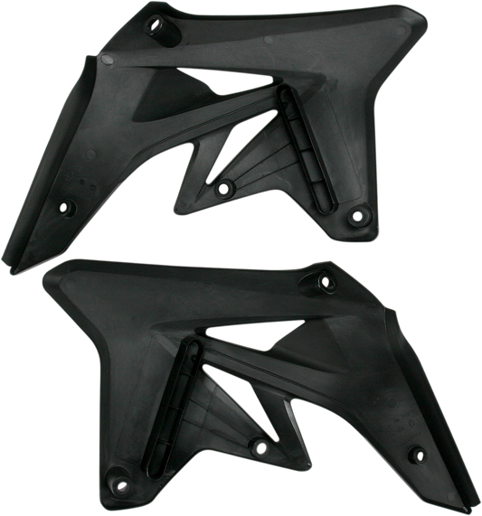 Black Acerbis radiator shrouds for motorcycle body, designed by Bill's Exhausts, shown in a sleek, matte finish.