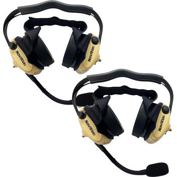 NAVATLAS 2-seat intercom/radio and headset kit in beige by Bill's Exhausts, showing the headset with microphone and control unit.
