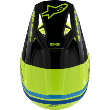 Youth ALPINESTARS SM3 helmet in gloss yellow fluo, black and blue with large size, featuring a sleek, aerodynamic design.