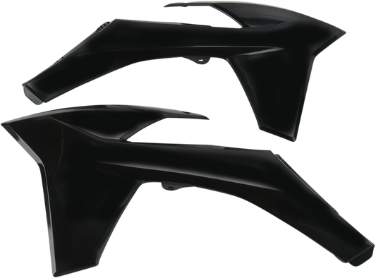 Black ACERBIS radiator shrouds for motorcycle body, with mounting details visible in the image.