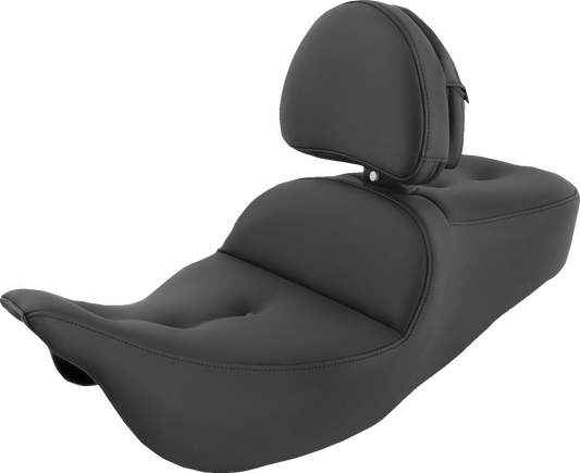 Black Saddlemens Pillow-Top Roadsofa Seat with backrest, designed for FLH/FLT models 2008-2023, by Bill's Exhausts.
