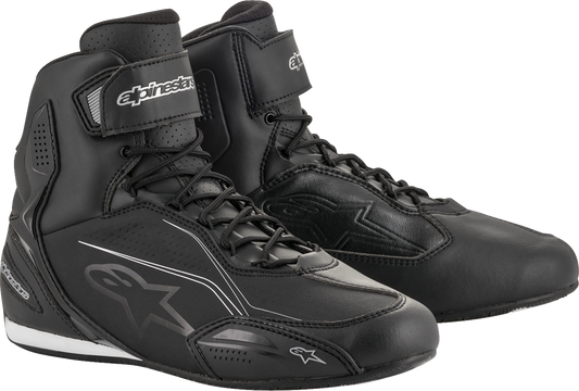 Alpinestars Stella Faster-3 black and silver motorcycle shoes for women, US size 9, featuring protective design and sporty style.