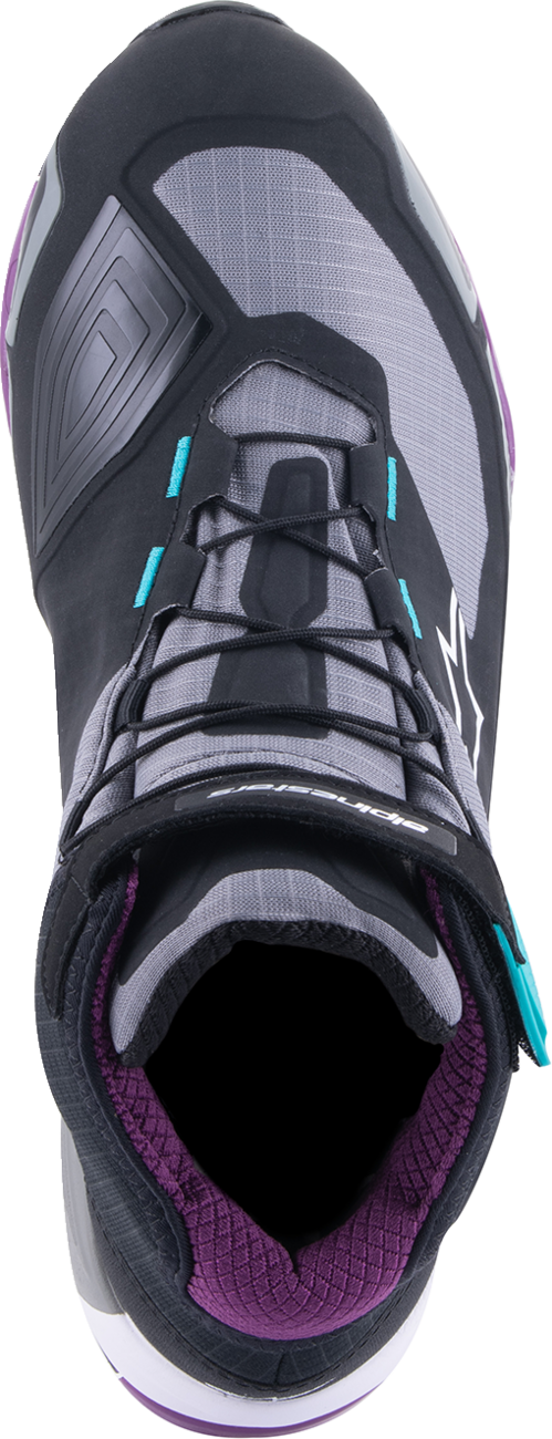 Alpinestars Stella CR-X Drystar® motorcycle shoes in black, gray, teal, and purple, US size 10 with reinforced soles.