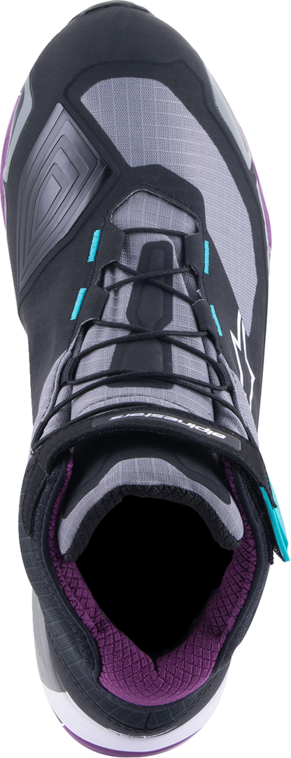 Alpinestars Stella CR-X Drystar® motorcycle shoes in black, gray, teal, and purple, US size 8.5, with protective design and sporty look.