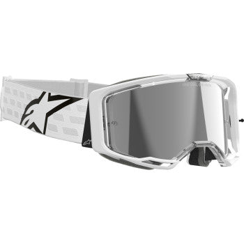 Alpinestars Vision 8 Goggle with white frame and silver mirror lenses, designed for motorcycle riding.