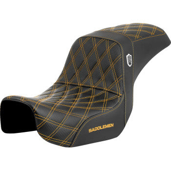 SADDLEMEN Pro Series SDC performance motorcycle seat with carbon fiber and lumbar gripper, gold stitching for Dyna models 2006-2017